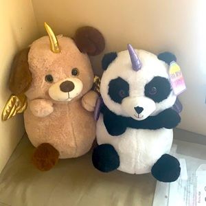 Stuffed panda and dog unicorns